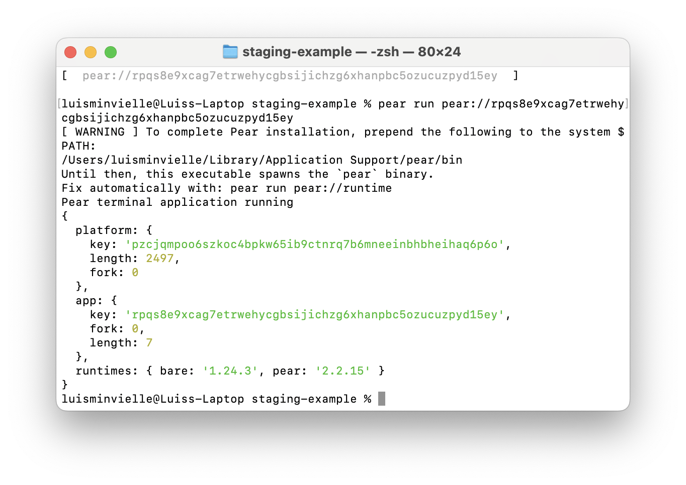 Screenshot: pear run output on the same machine