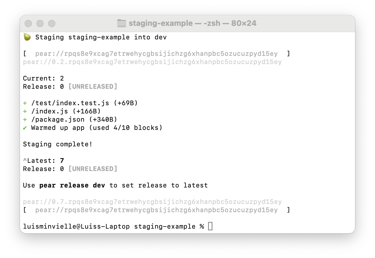 Screenshot: pear stage dev output